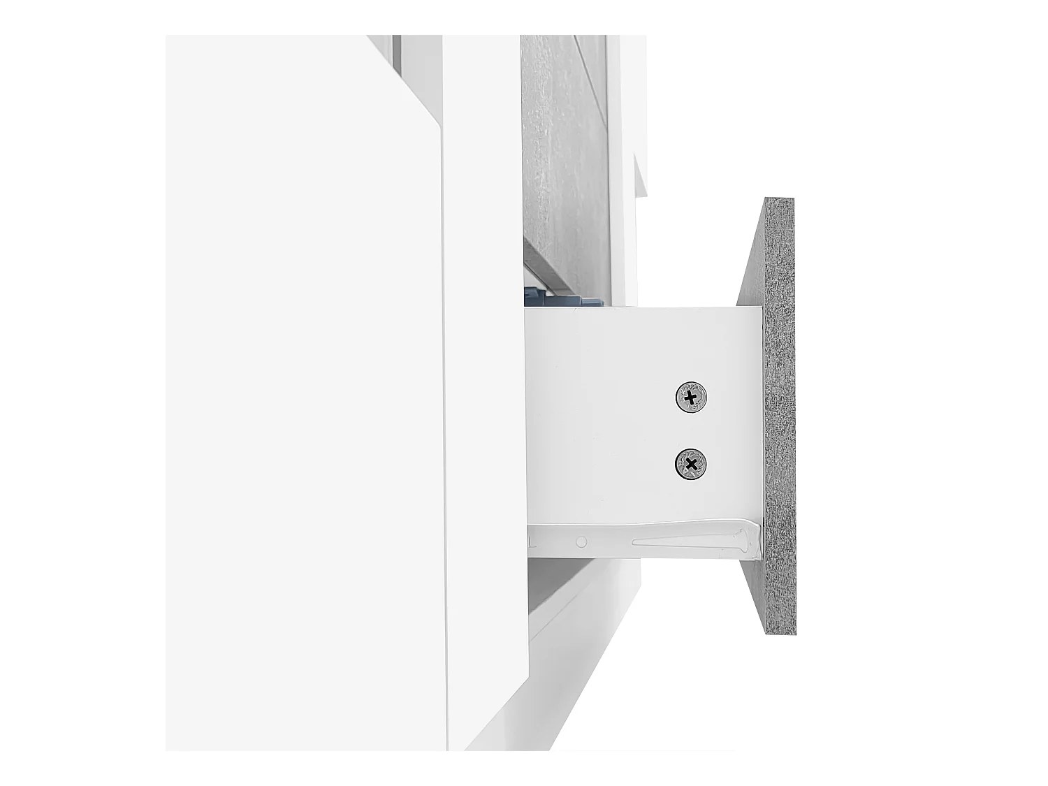 Buffet 140x35x75cm avec 2 portes en verre et LED, 3 tiroirs et plateau en placage marbre gris, corps blanc laqué