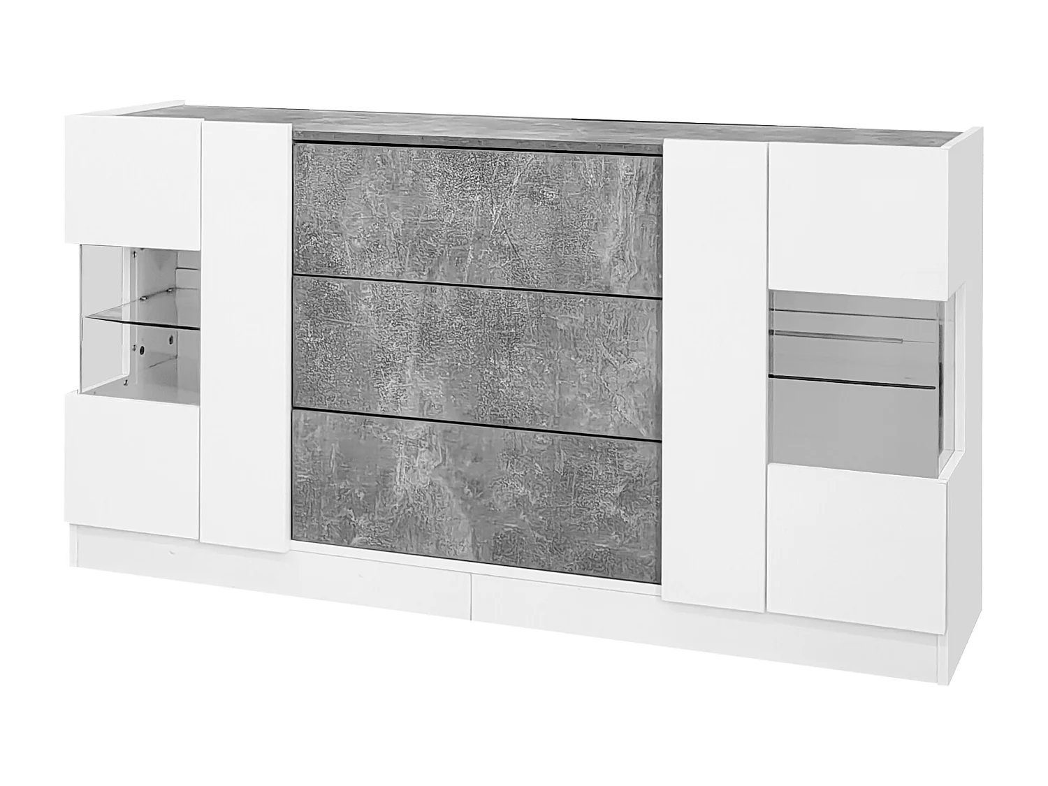 Aparador 140x35x75cm com 2 portas de vidro e LED, 3 gavetas e tampo em folheado a mármore cinza, corpo lacado branco