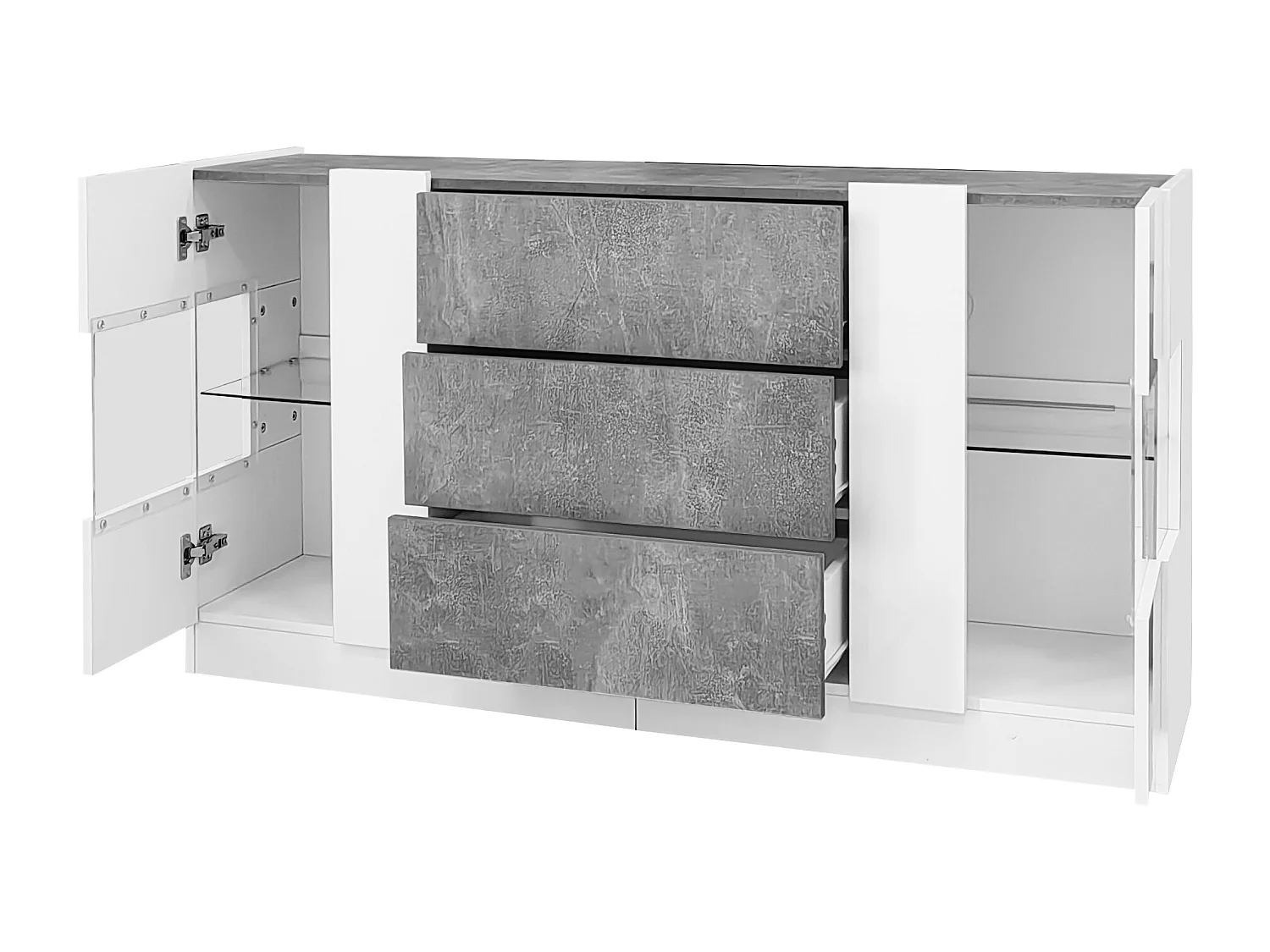 Aparador 140x35x75cm com 2 portas de vidro e LED, 3 gavetas e tampo em folheado a mármore cinza, corpo lacado branco