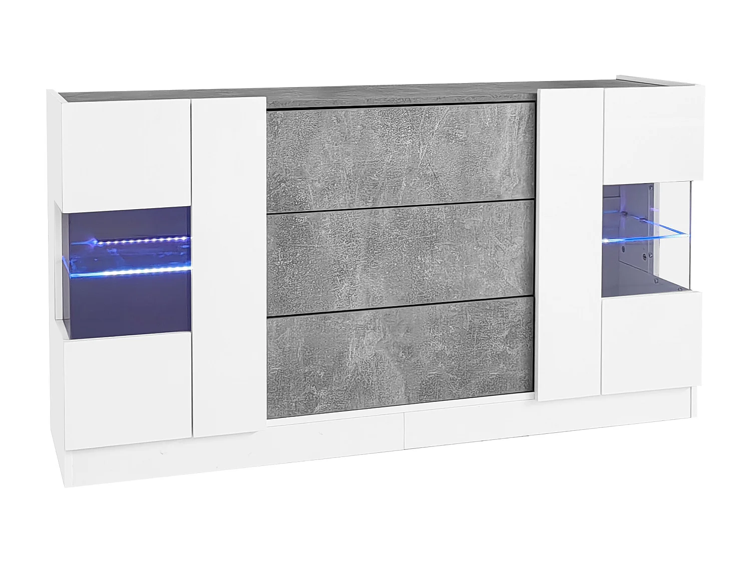 Aparador 140x35x75cm com 2 portas de vidro e LED, 3 gavetas e tampo em folheado a mármore cinza, corpo lacado branco