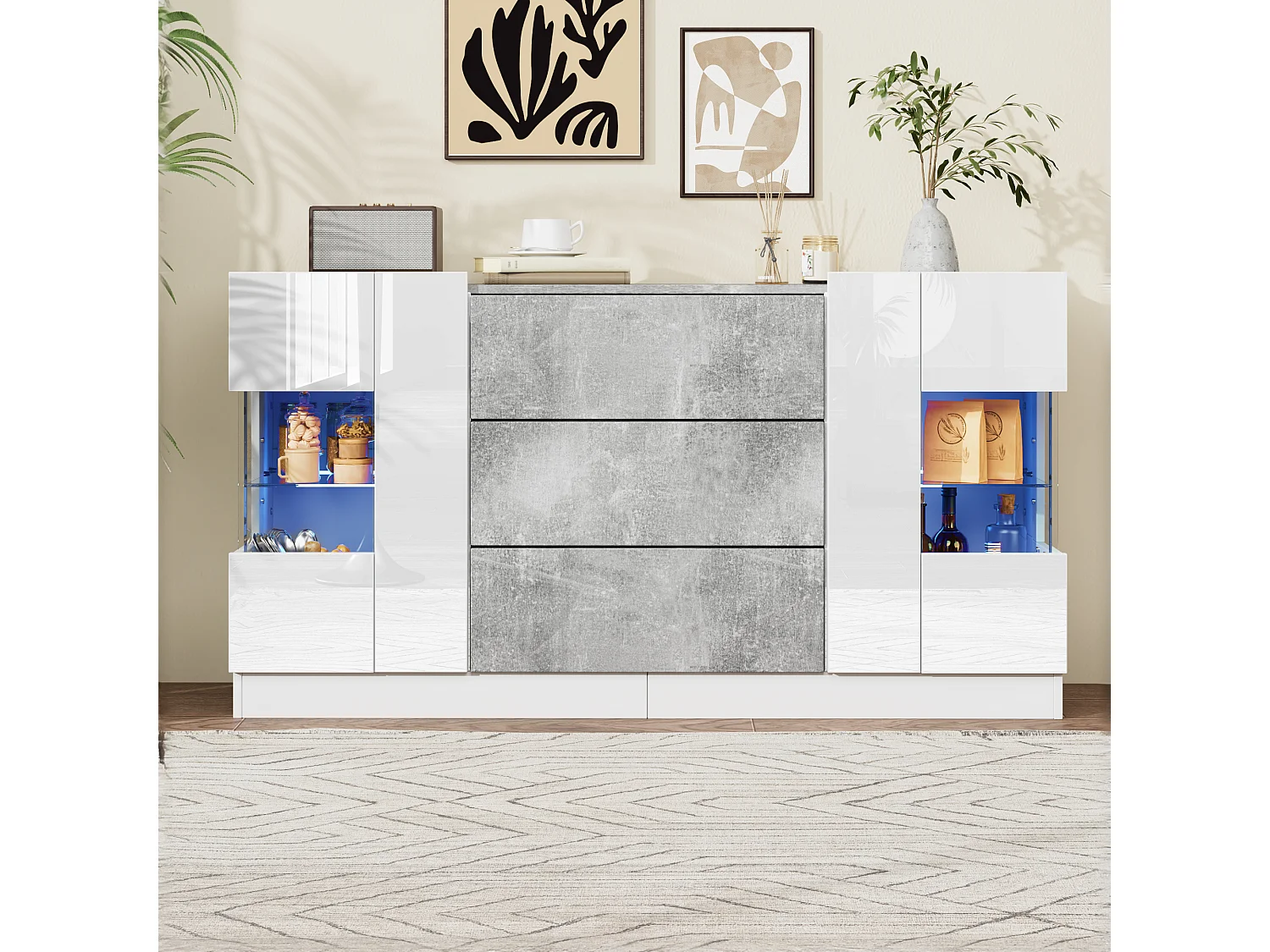 Aparador 140x35x75cm com 2 portas de vidro e LED, 3 gavetas e tampo em folheado a mármore cinza, corpo lacado branco