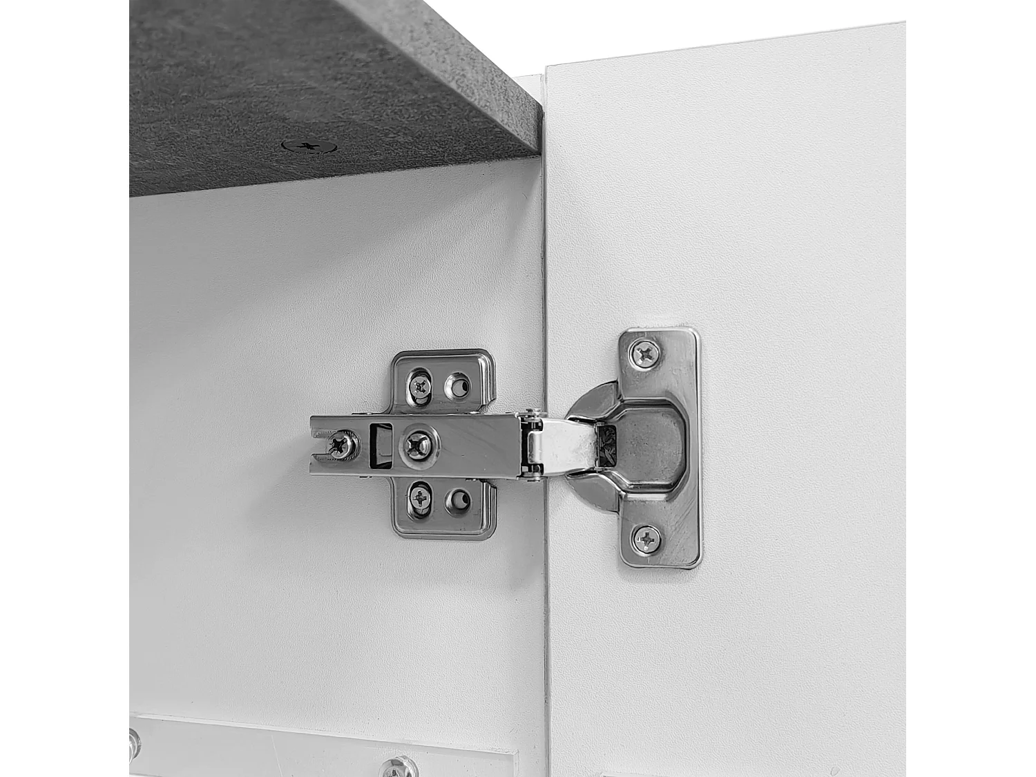 Aparador 140x35x75cm com 2 portas de vidro e LED, 3 gavetas e tampo em folheado a mármore cinza, corpo lacado branco