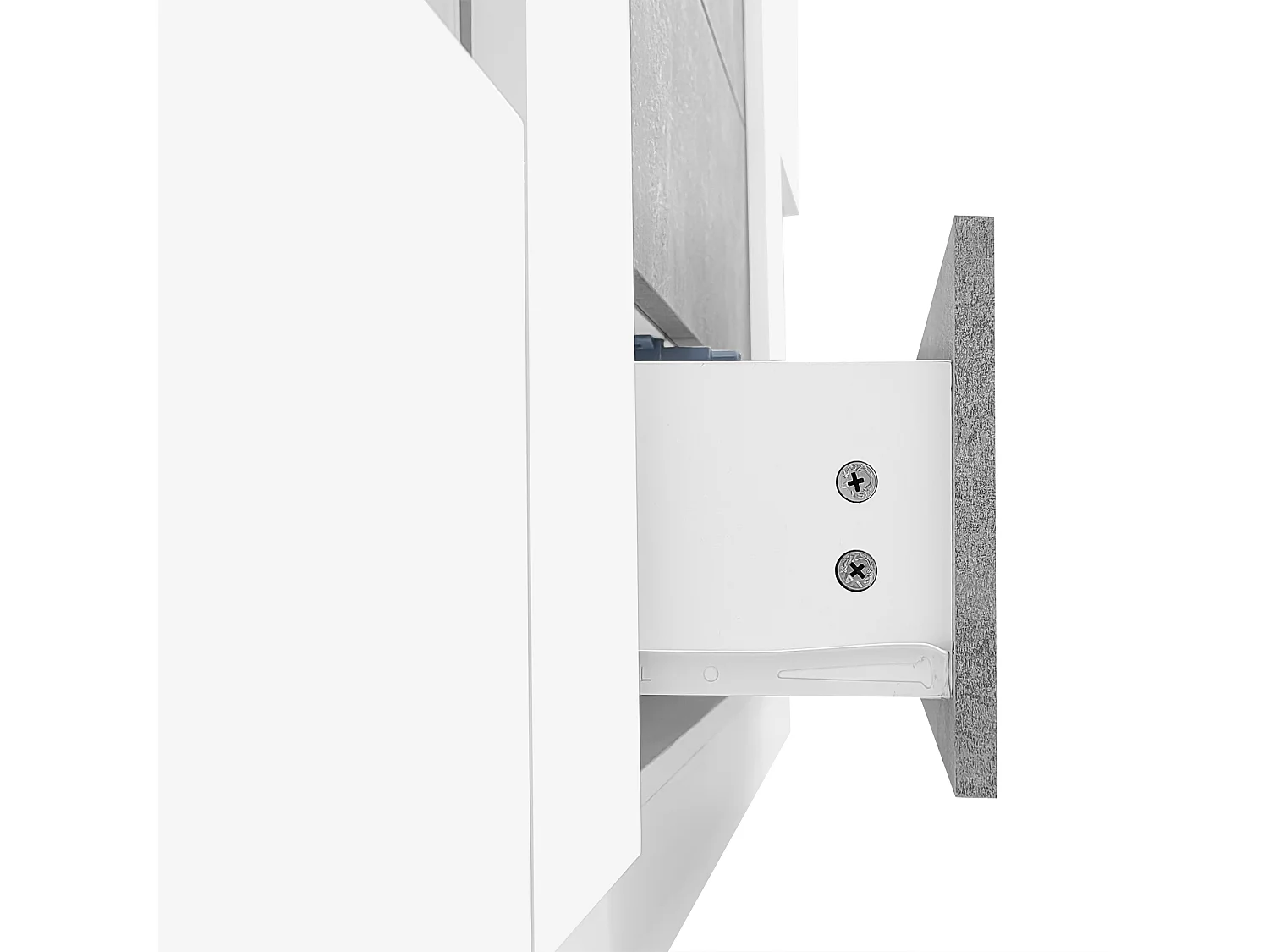 Aparador 140x35x75cm com 2 portas de vidro e LED, 3 gavetas e tampo em folheado a mármore cinza, corpo lacado branco