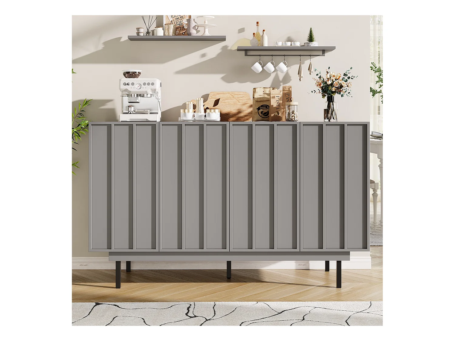 Buffet 140x38.5x82.5cm avec 4 portes sans poignées, corps en MDF gris et pieds en métal noir