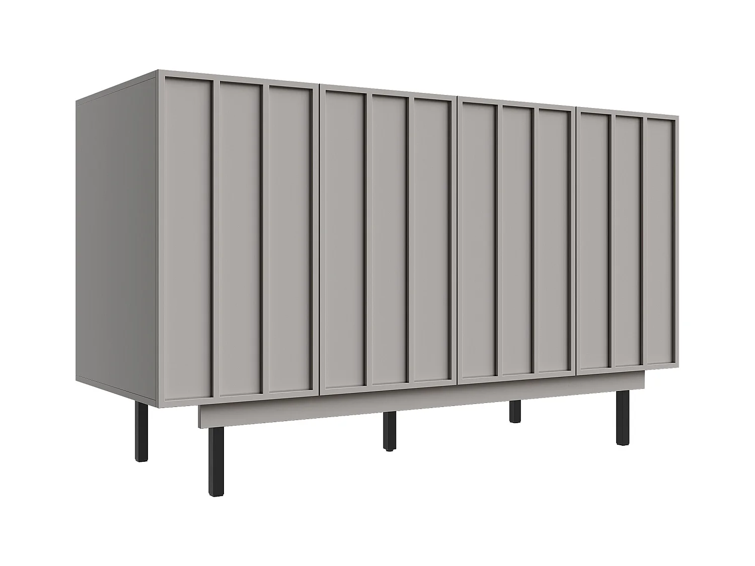 Buffet 140x38.5x82.5cm avec 4 portes sans poignées, corps en MDF gris et pieds en métal noir