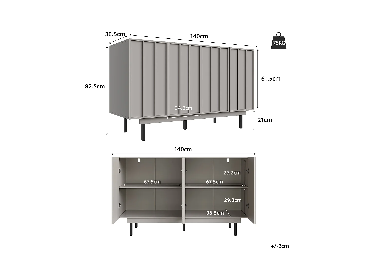 Buffet 140x38.5x82.5cm avec 4 portes sans poignées, corps en MDF gris et pieds en métal noir