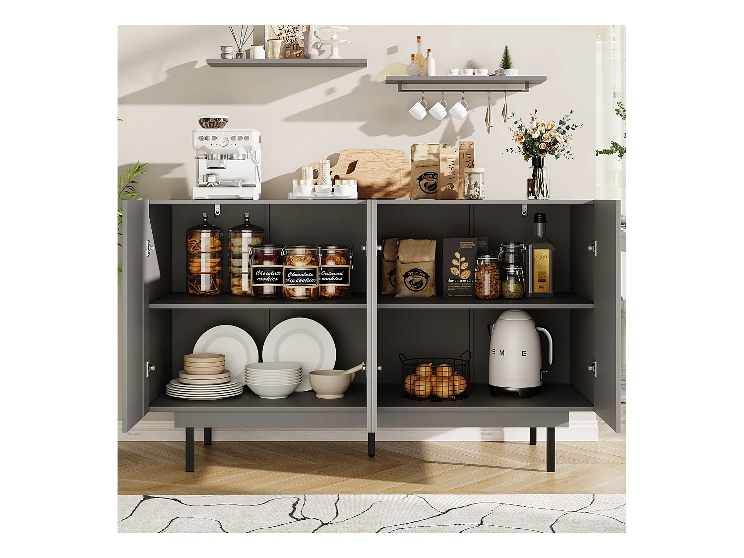 Buffet 140x38.5x82.5cm avec 4 portes sans poignées, corps en MDF gris et pieds en métal noir