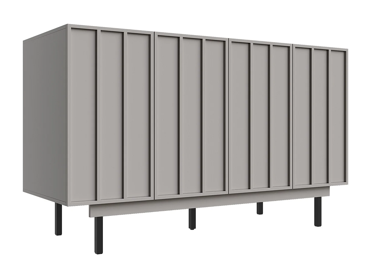 Buffet 140x38.5x82.5cm avec 4 portes sans poignées, corps en MDF gris et pieds en métal noir