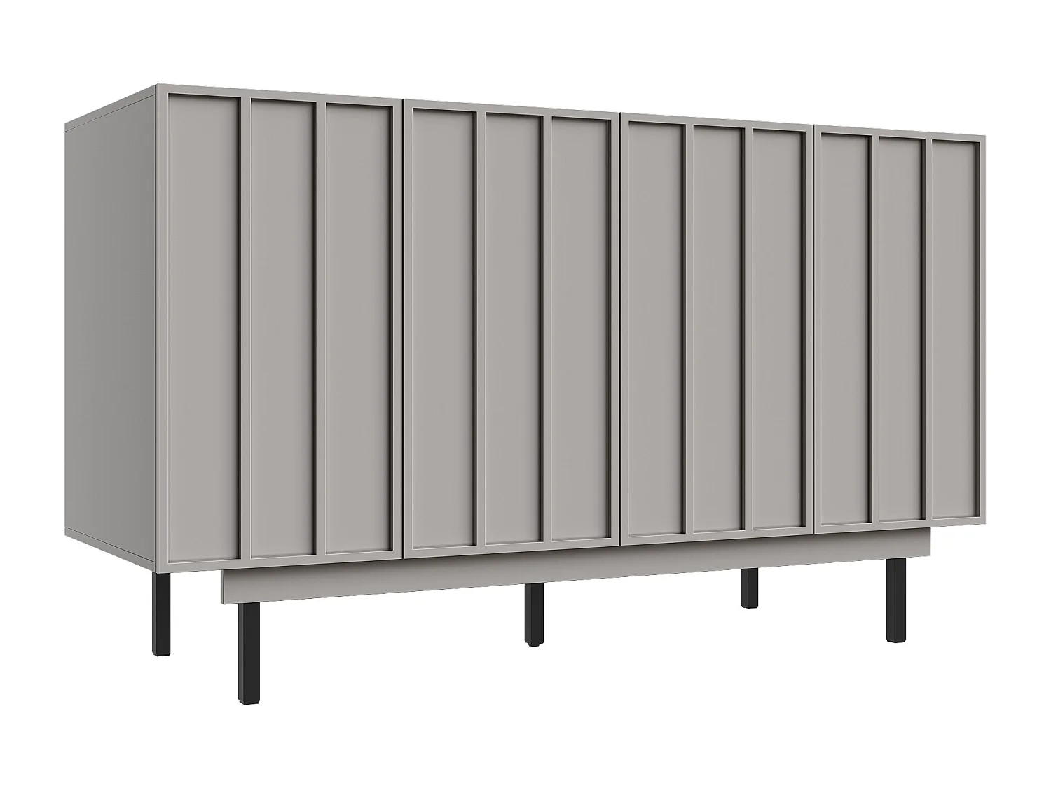 Buffet 140x38.5x82.5cm avec 4 portes sans poignées, corps en MDF gris et pieds en métal noir