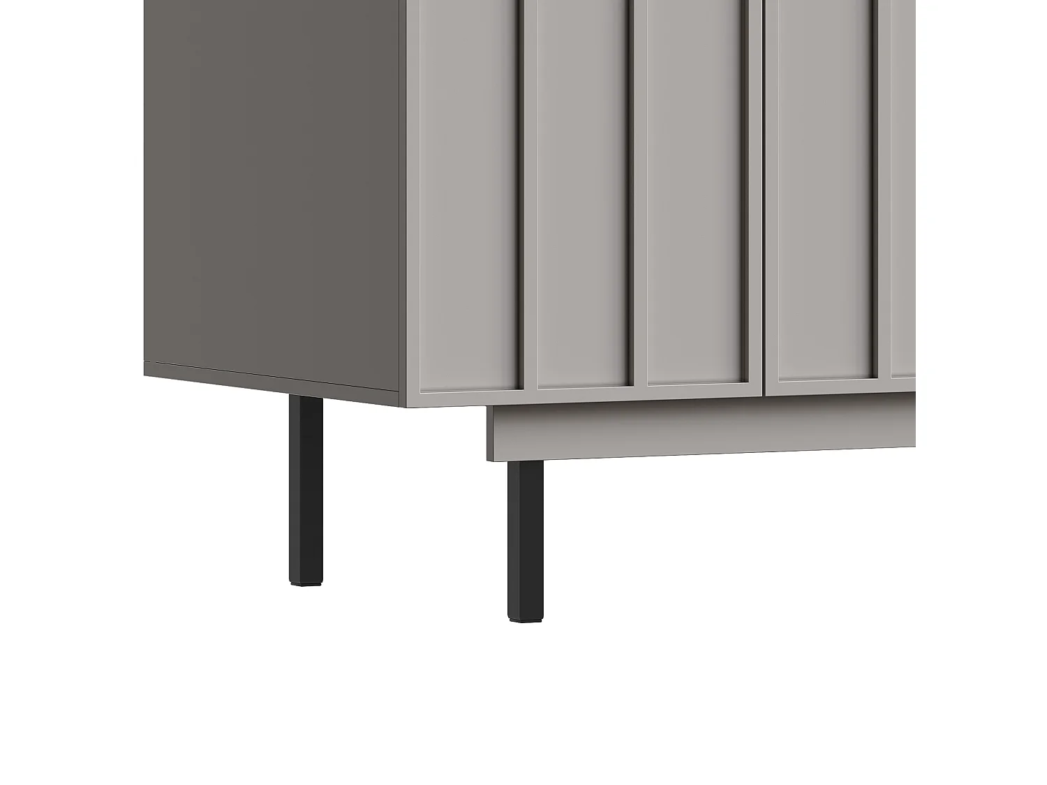 Buffet 140x38.5x82.5cm avec 4 portes sans poignées, corps en MDF gris et pieds en métal noir