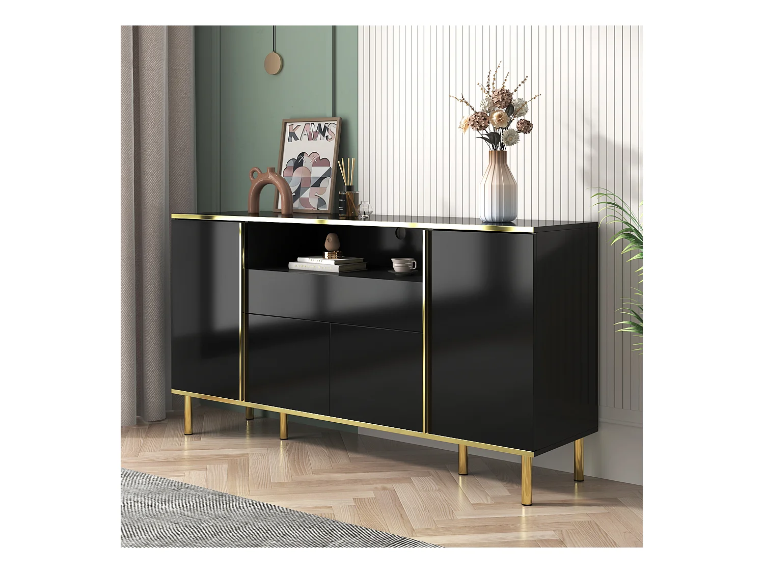 Buffet 150x40x80cm avec 4 portes, 1 tiroir et 1 niche avec LED, corps en noir laqué, bords et pieds dorés