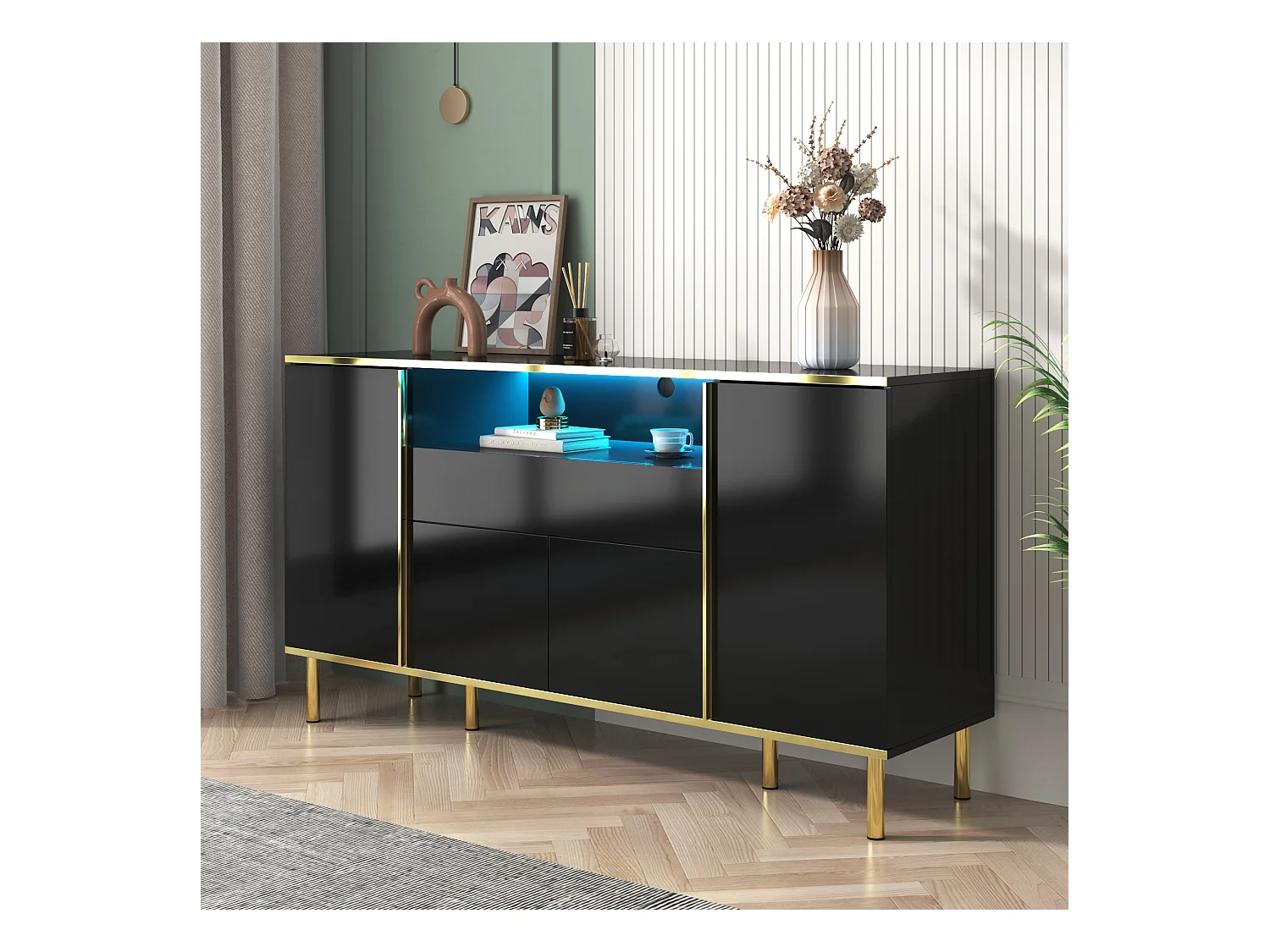 Buffet 150x40x80cm avec 4 portes, 1 tiroir et 1 niche avec LED, corps en noir laqué, bords et pieds dorés
