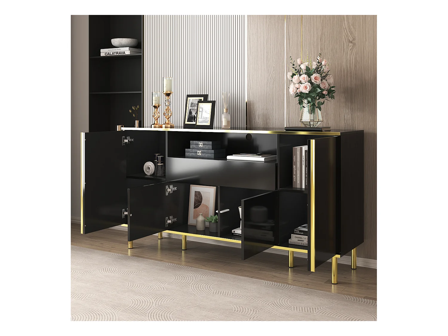 Buffet 150x40x80cm avec 4 portes, 1 tiroir et 1 niche avec LED, corps en noir laqué, bords et pieds dorés