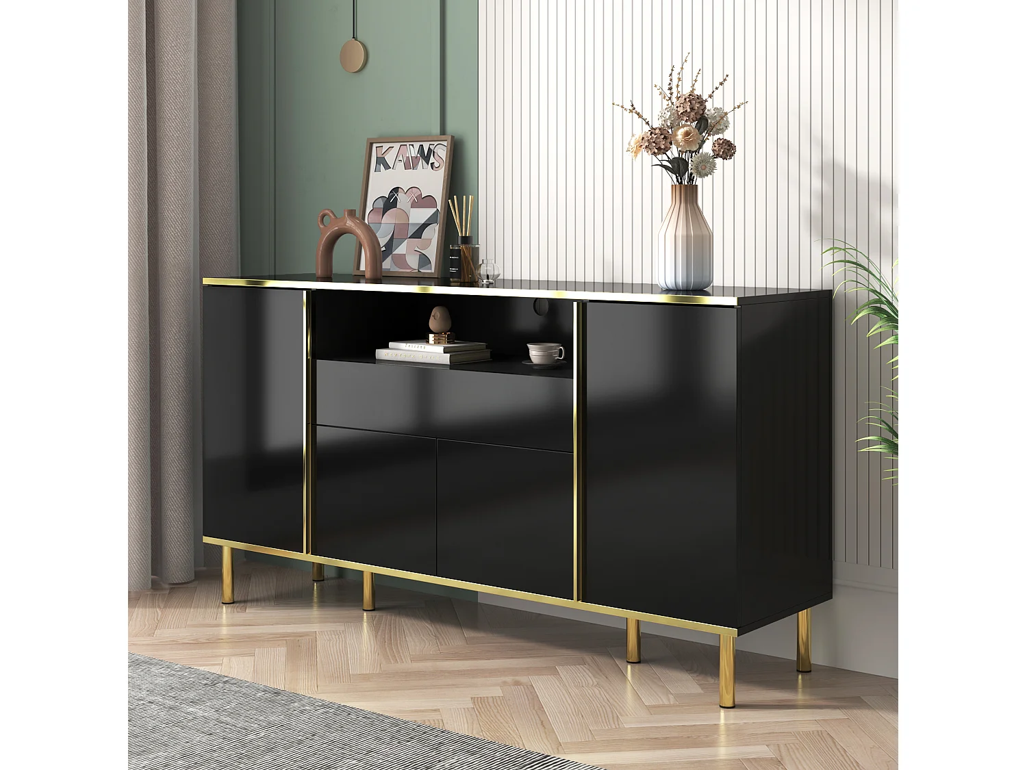 Buffet 150x40x80cm avec 4 portes, 1 tiroir et 1 niche avec LED, corps en noir laqué, bords et pieds dorés