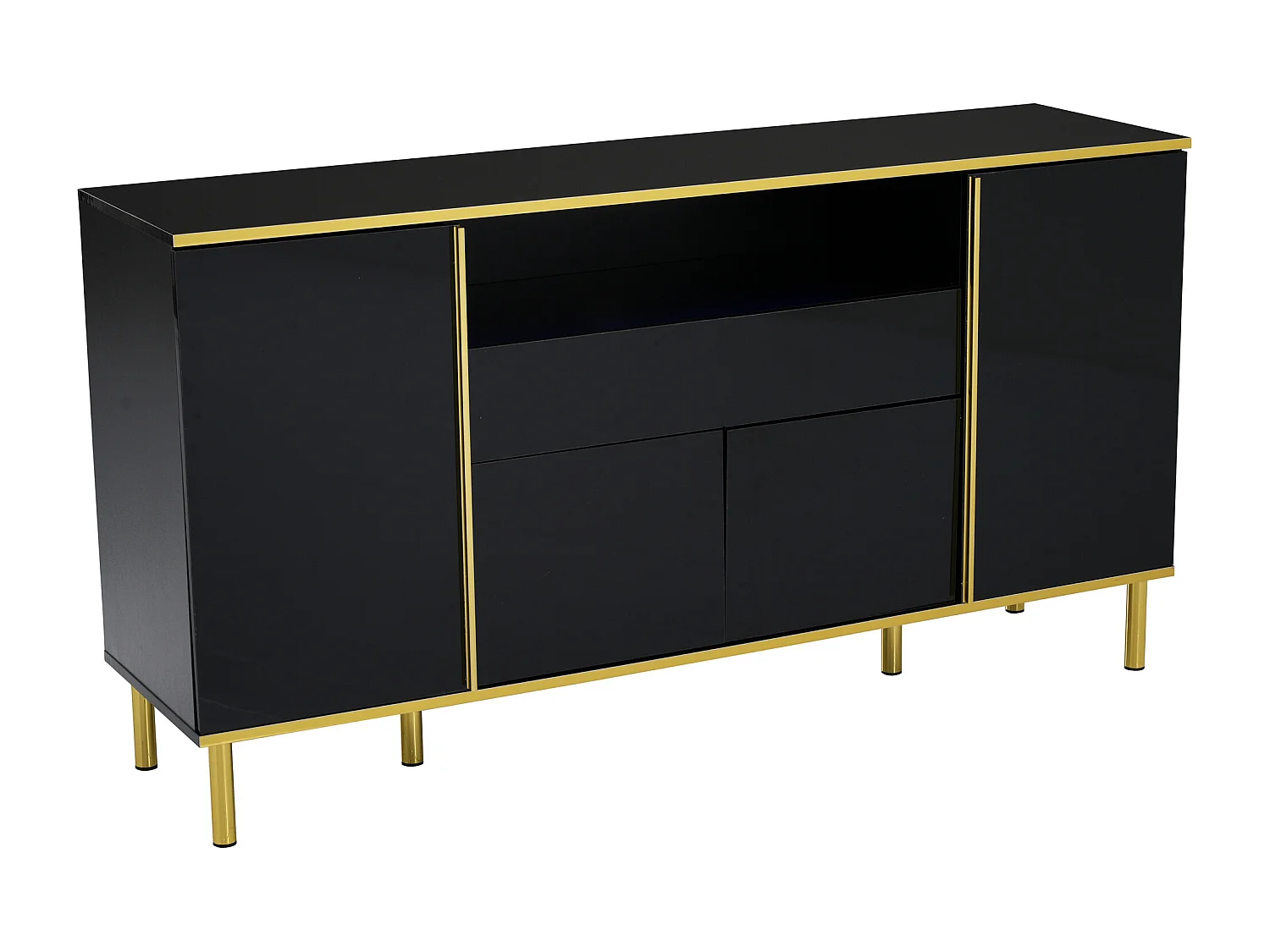 Buffet 150x40x80cm avec 4 portes, 1 tiroir et 1 niche avec LED, corps en noir laqué, bords et pieds dorés