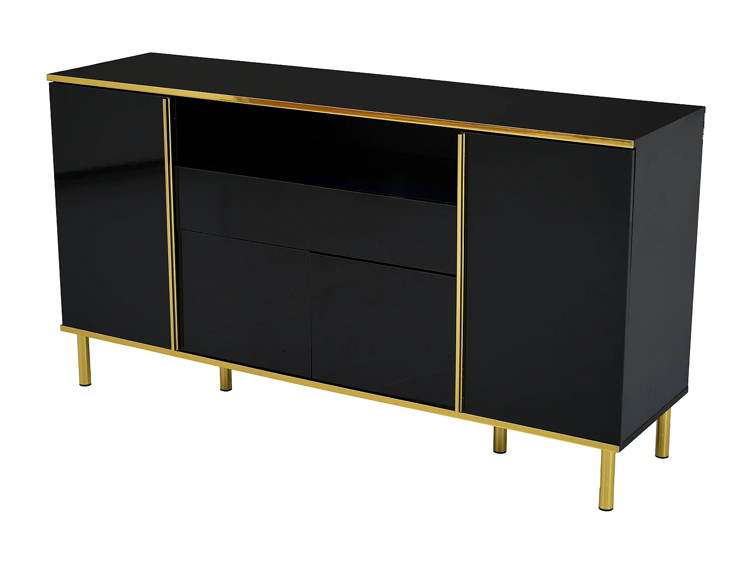 Buffet 150x40x80cm avec 4 portes, 1 tiroir et 1 niche avec LED, corps en noir laqué, bords et pieds dorés
