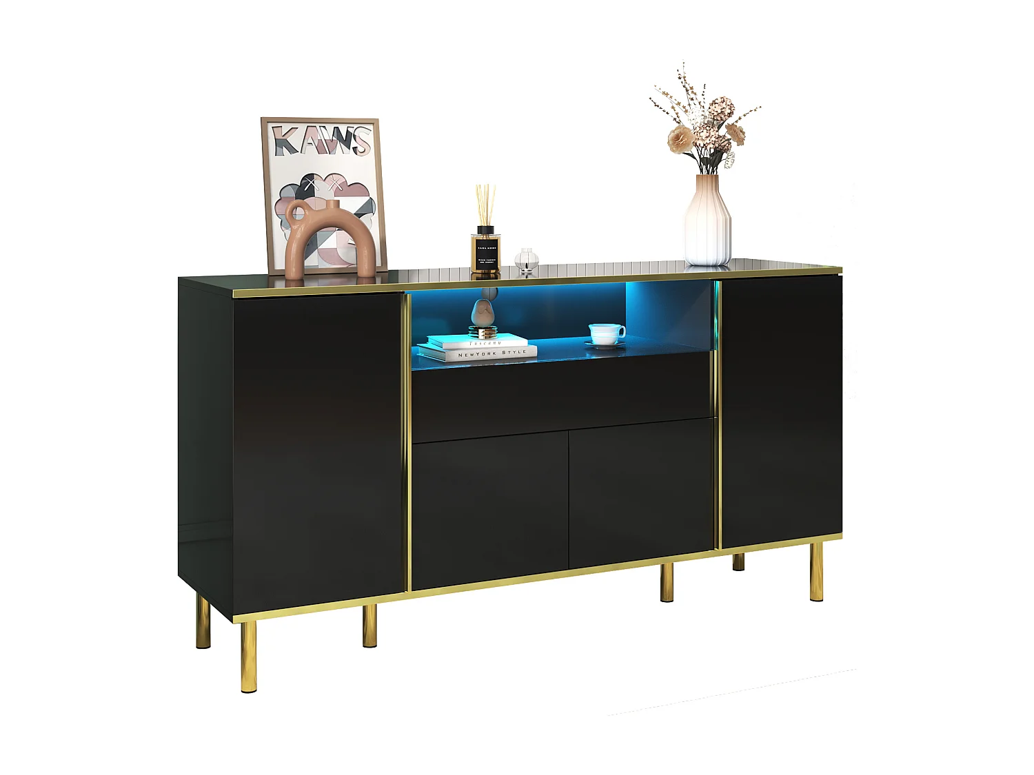 Buffet 150x40x80cm avec 4 portes, 1 tiroir et 1 niche avec LED, corps en noir laqué, bords et pieds dorés