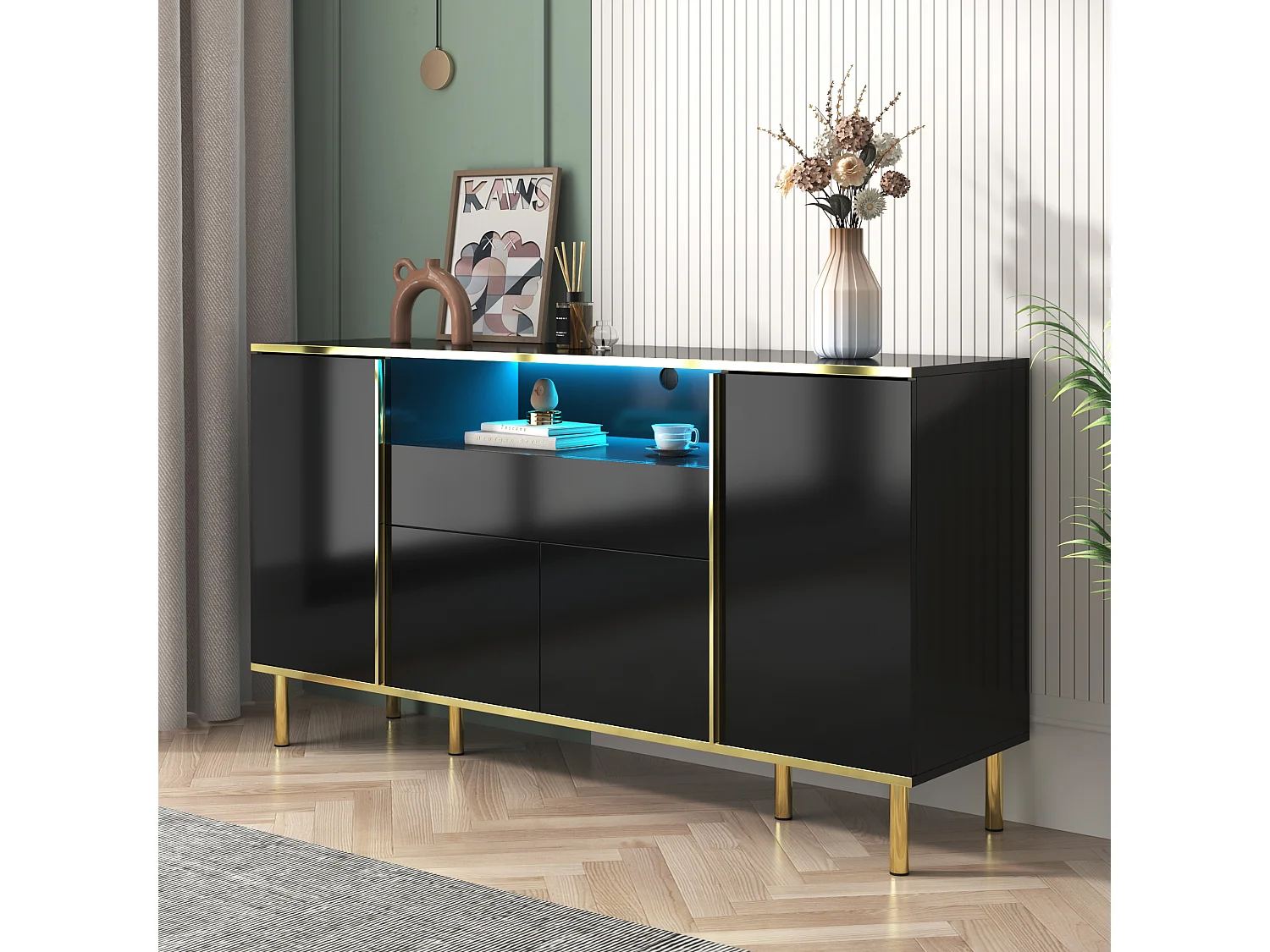 Buffet 150x40x80cm avec 4 portes, 1 tiroir et 1 niche avec LED, corps en noir laqué, bords et pieds dorés