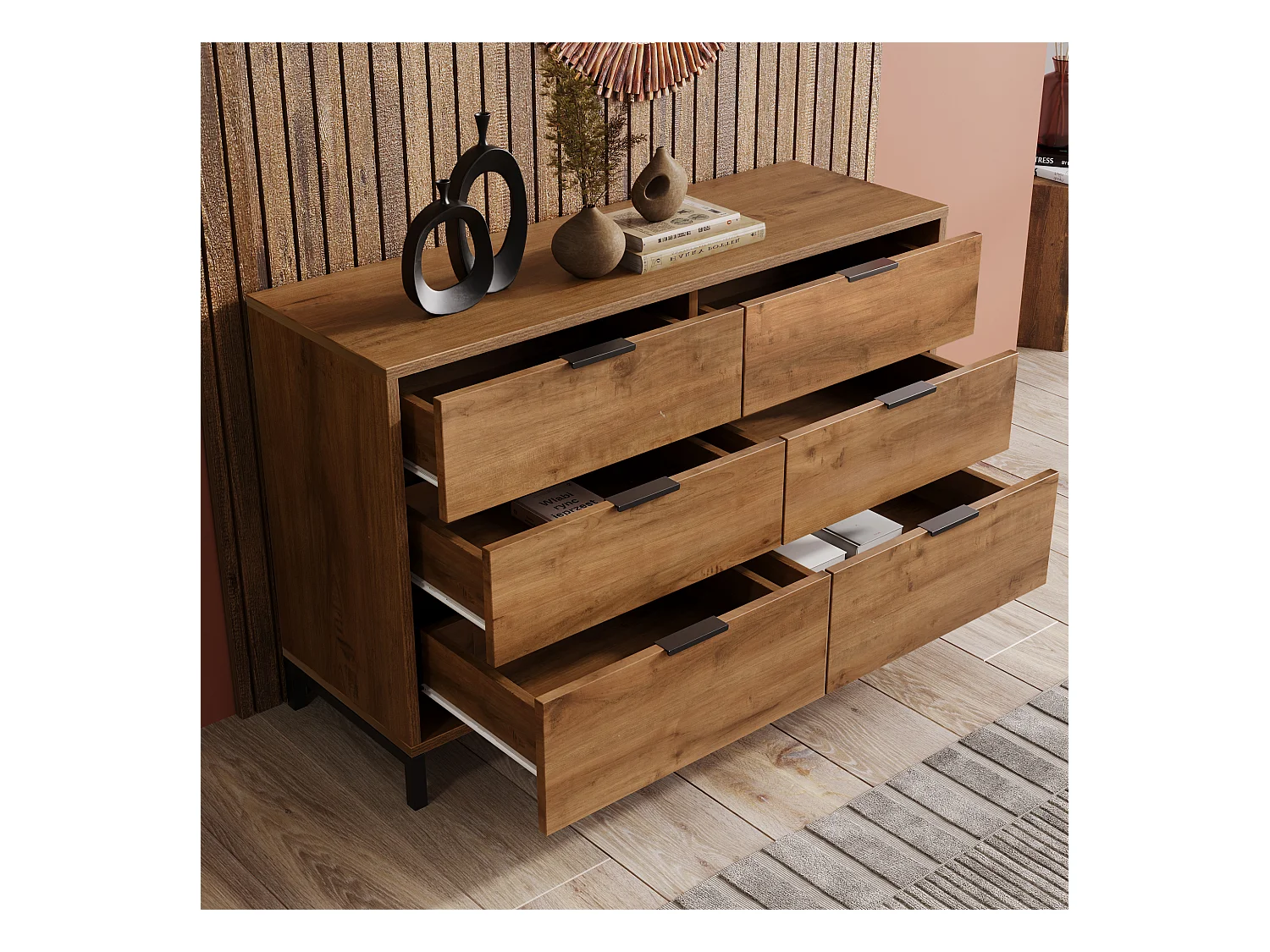 Dressoir 120x40x76cm met 6 lades, in donker natuurlijk hout, zwarte metalen poten