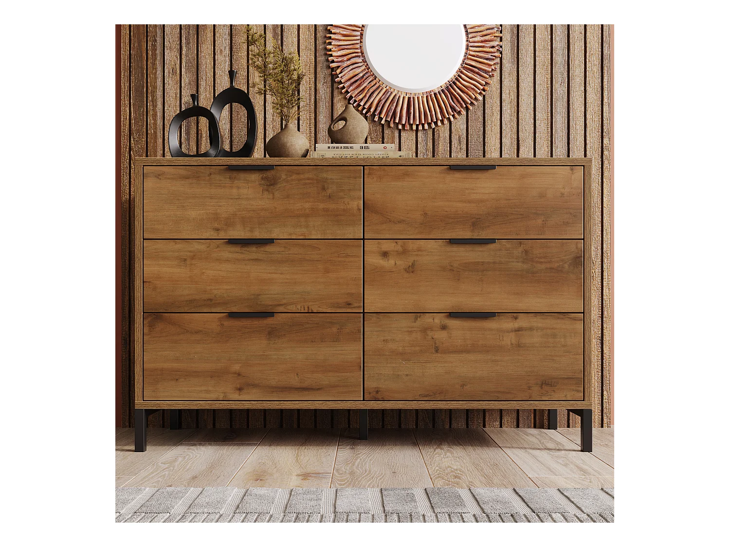 Dressoir 120x40x76cm met 6 lades, in donker natuurlijk hout, zwarte metalen poten