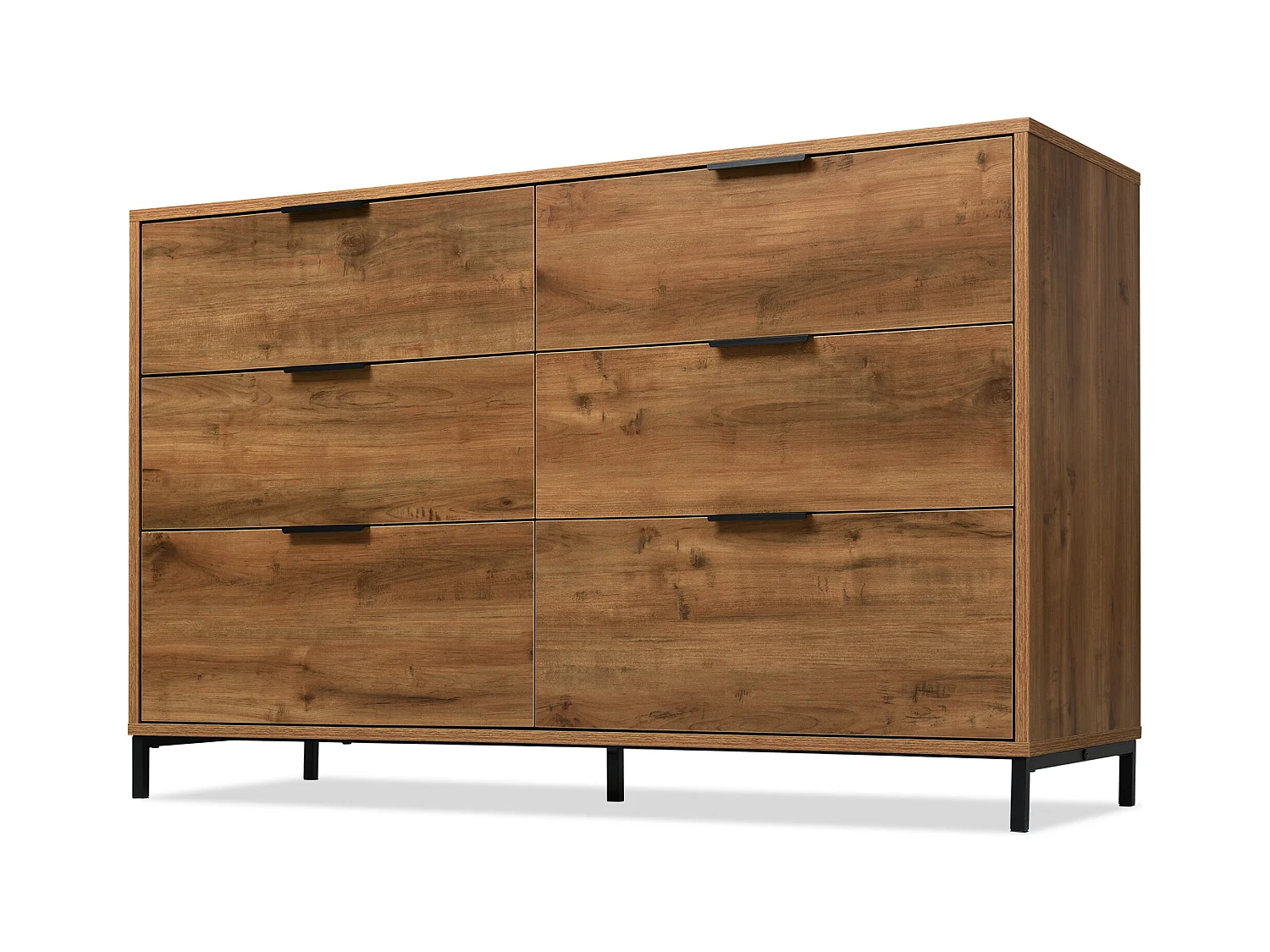 Dressoir 120x40x76cm met 6 lades, in donker natuurlijk hout, zwarte metalen poten