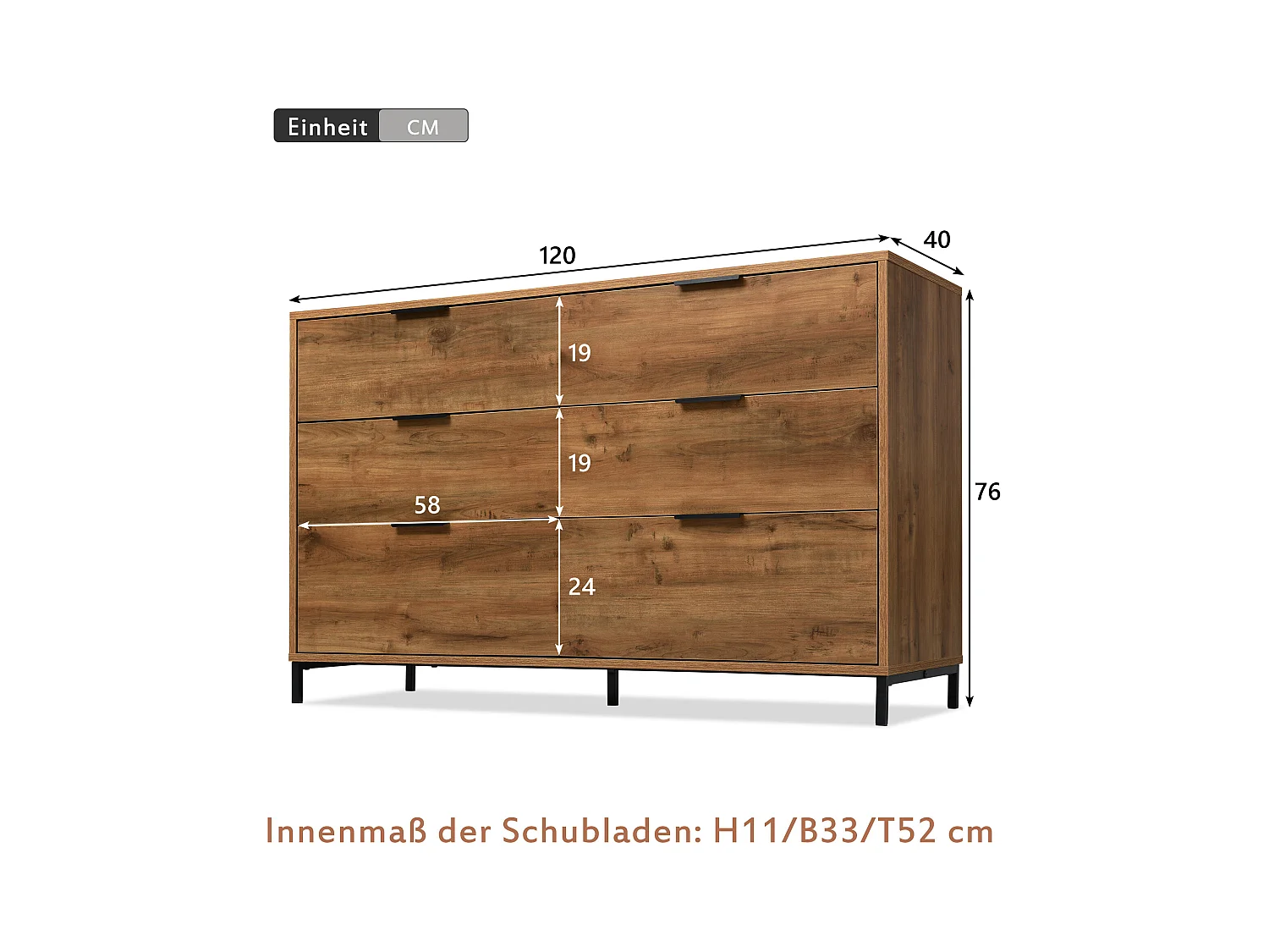 Dressoir 120x40x76cm met 6 lades, in donker natuurlijk hout, zwarte metalen poten