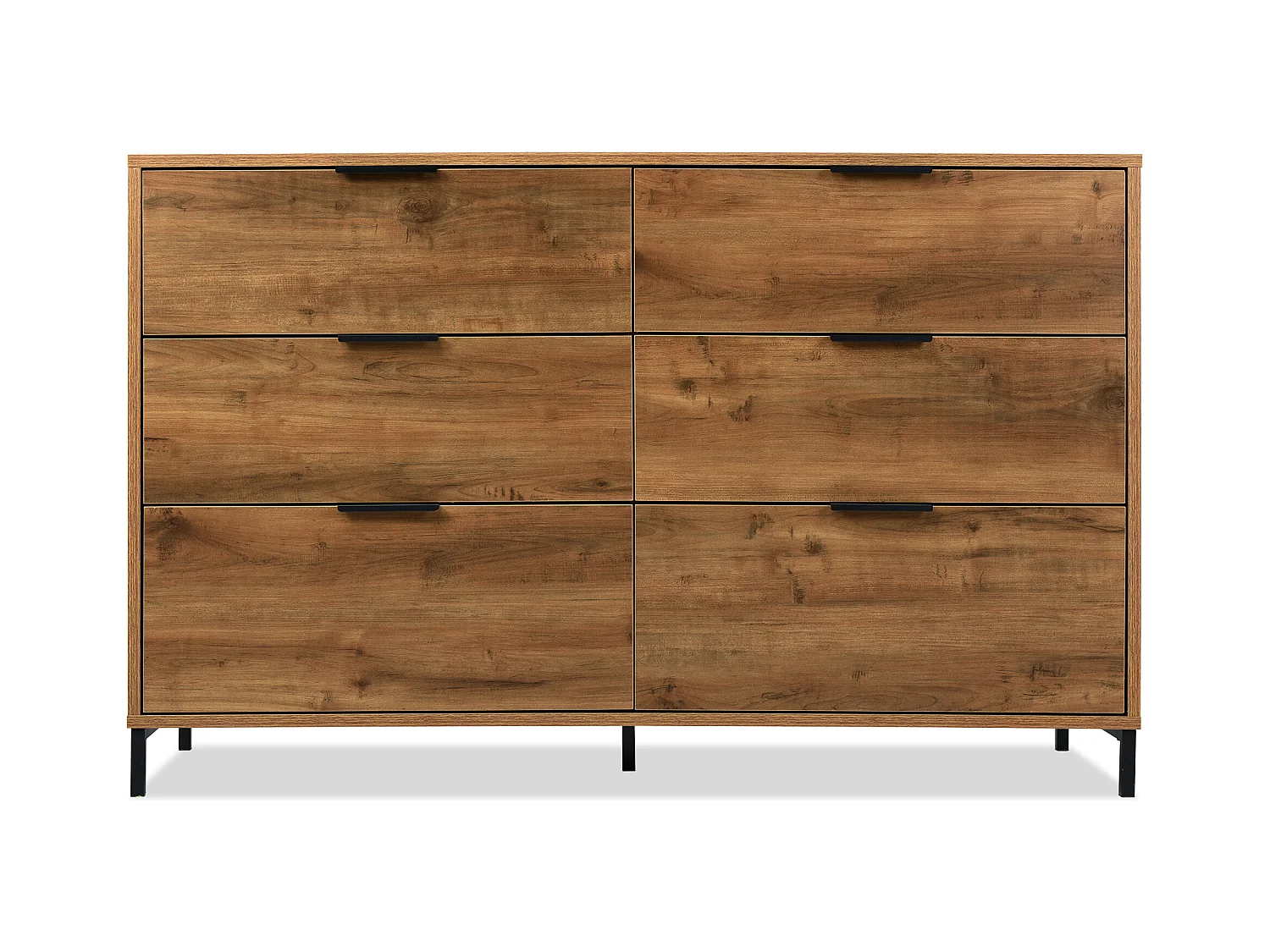 Dressoir 120x40x76cm met 6 lades, in donker natuurlijk hout, zwarte metalen poten