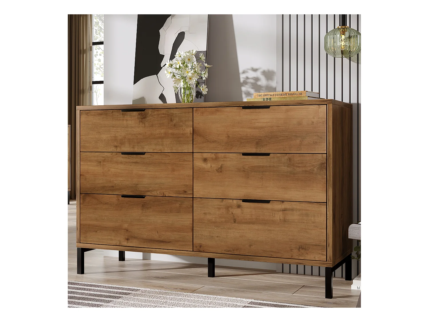 Dressoir 120x40x76cm met 6 lades, in donker natuurlijk hout, zwarte metalen poten