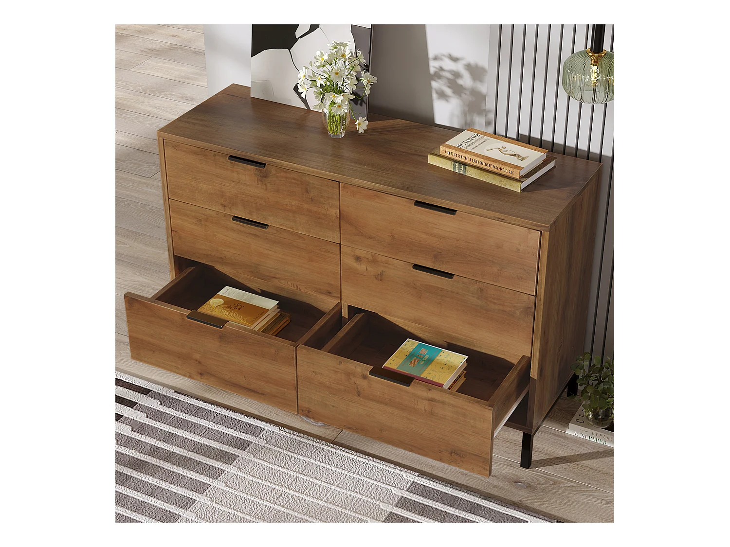 Dressoir 120x40x76cm met 6 lades, in donker natuurlijk hout, zwarte metalen poten