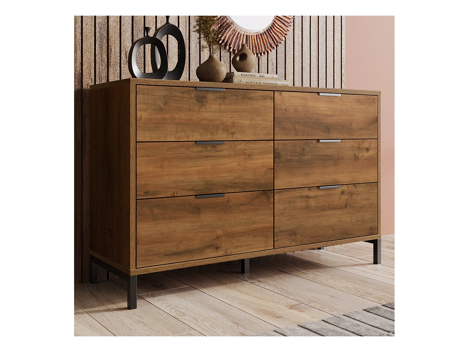 Dressoir 120x40x76cm met 6 lades, in donker natuurlijk hout, zwarte metalen poten