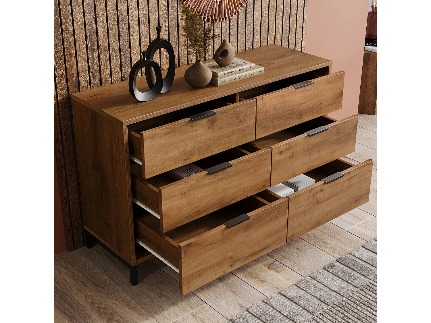 Buffet 120x40x76cm avec 6 tiroirs, en bois naturel foncé, pieds en métal noir