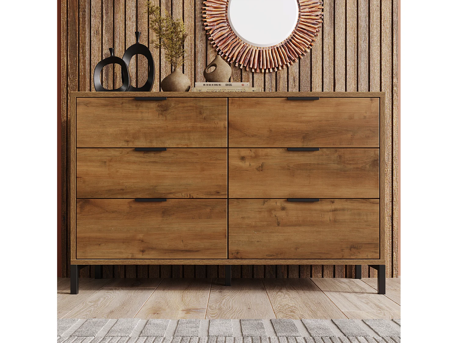 Buffet 120x40x76cm avec 6 tiroirs, en bois naturel foncé, pieds en métal noir