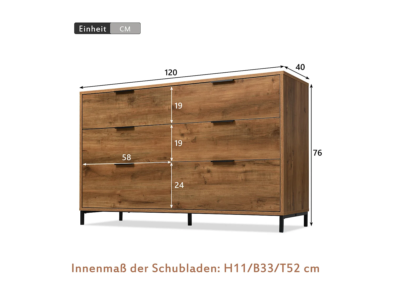 Buffet 120x40x76cm avec 6 tiroirs, en bois naturel foncé, pieds en métal noir