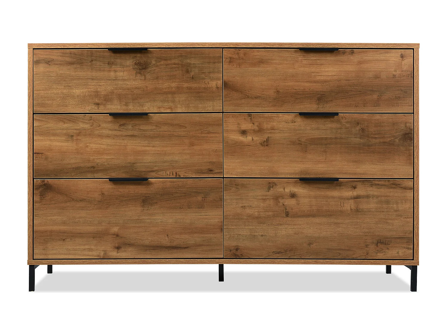 Buffet 120x40x76cm avec 6 tiroirs, en bois naturel foncé, pieds en métal noir
