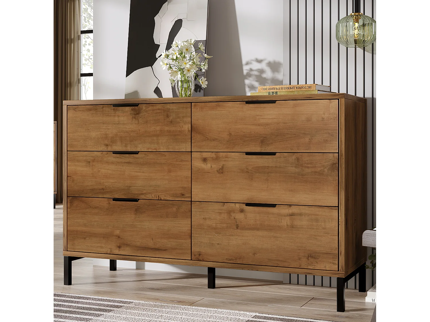 Buffet 120x40x76cm avec 6 tiroirs, en bois naturel foncé, pieds en métal noir