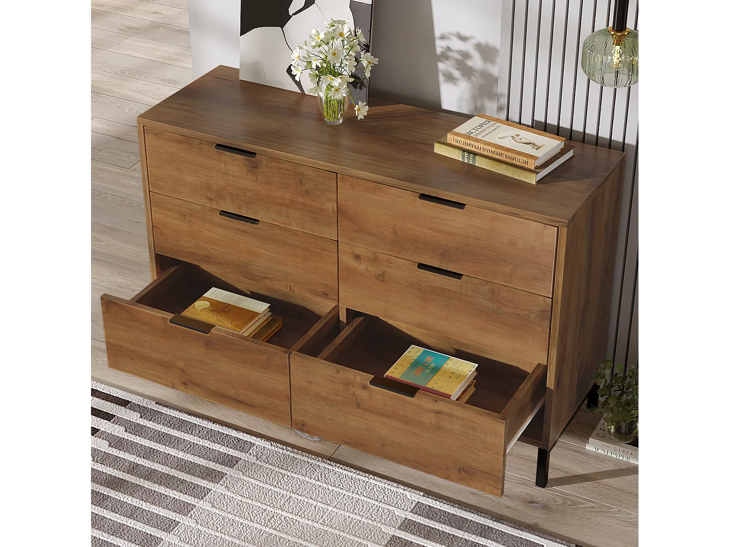 Buffet 120x40x76cm avec 6 tiroirs, en bois naturel foncé, pieds en métal noir