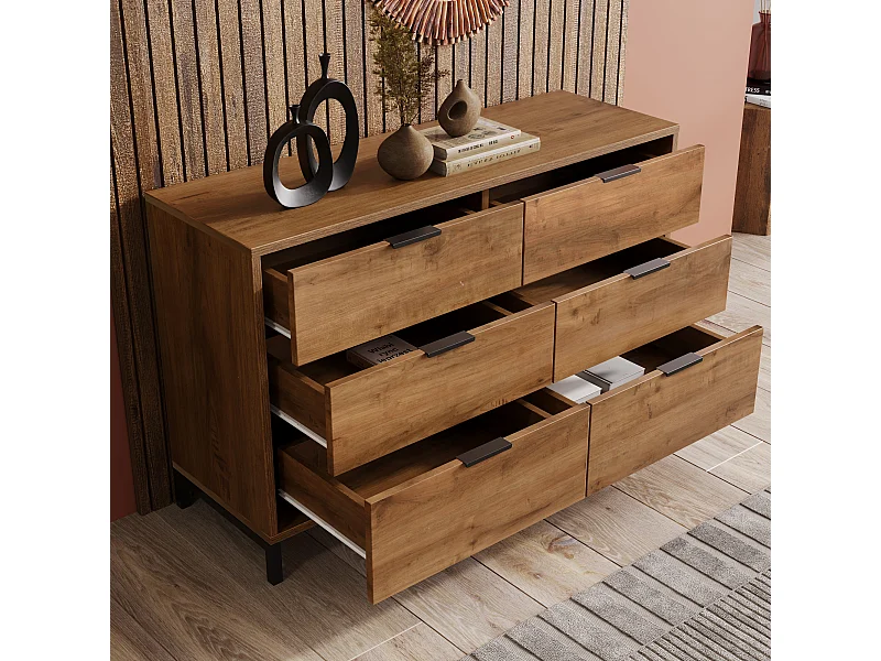 Buffet 120x40x76cm avec 6 tiroirs, en bois naturel foncé, pieds en métal noir