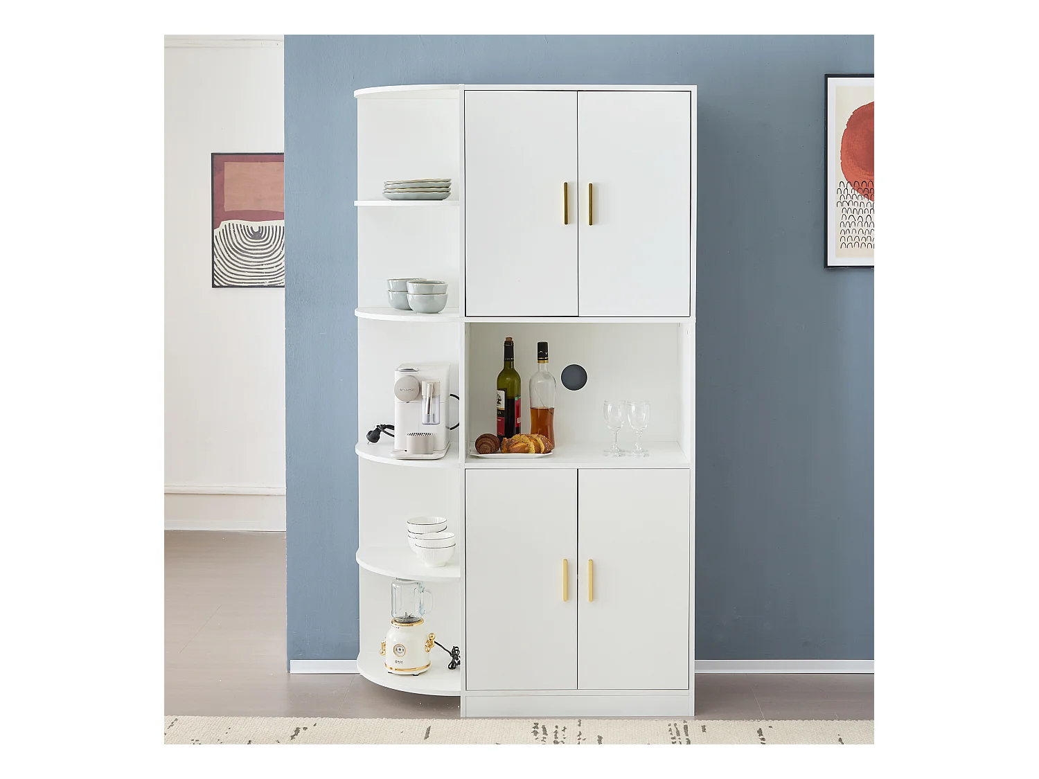 Buffet de cuisine haut 100x40x180cm avec 4 portes, 2 niches et Étagère d'angle, blanc