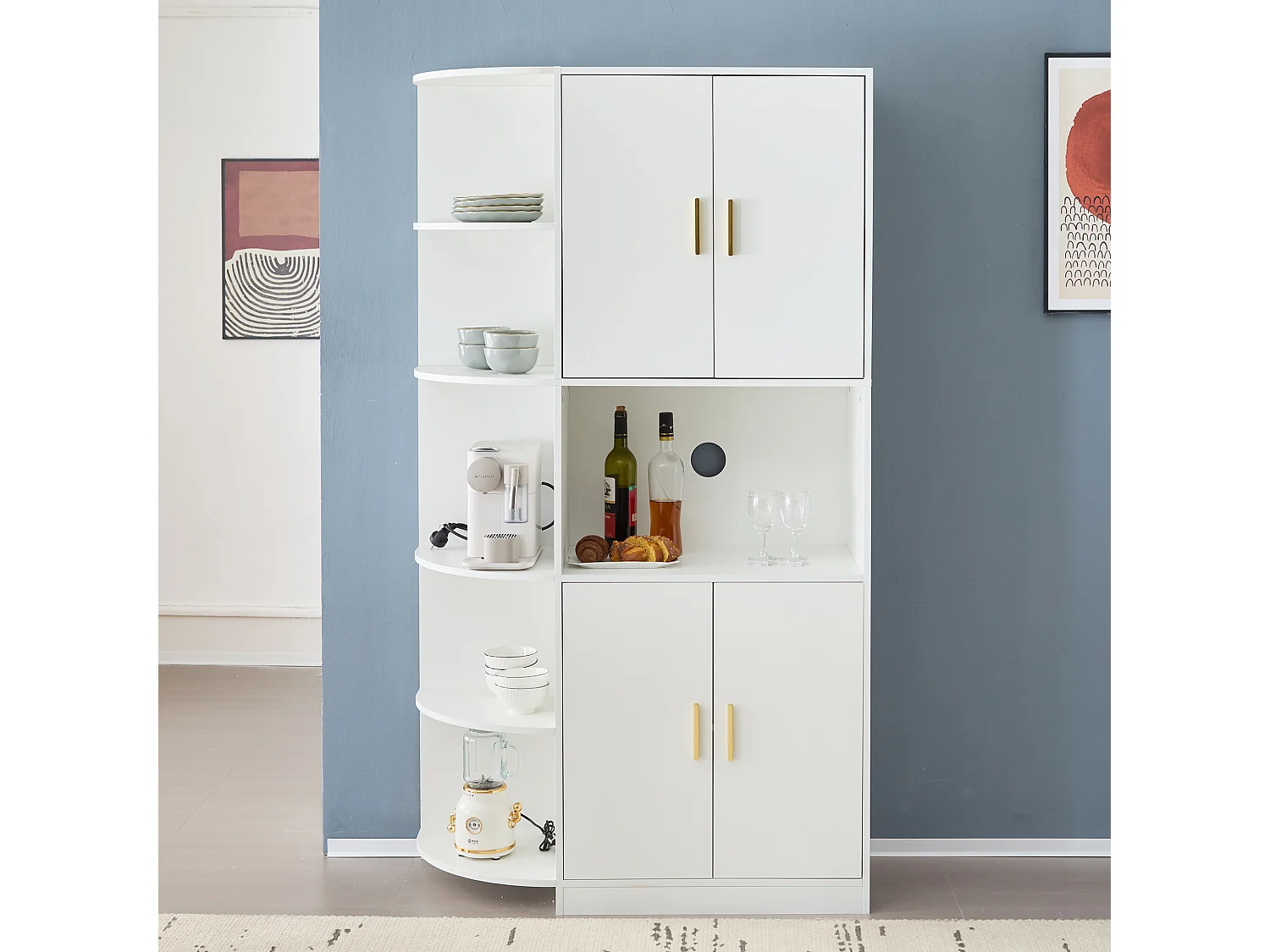 Buffet de cuisine haut 100x40x180cm avec 4 portes, 2 niches et Étagère d'angle, blanc