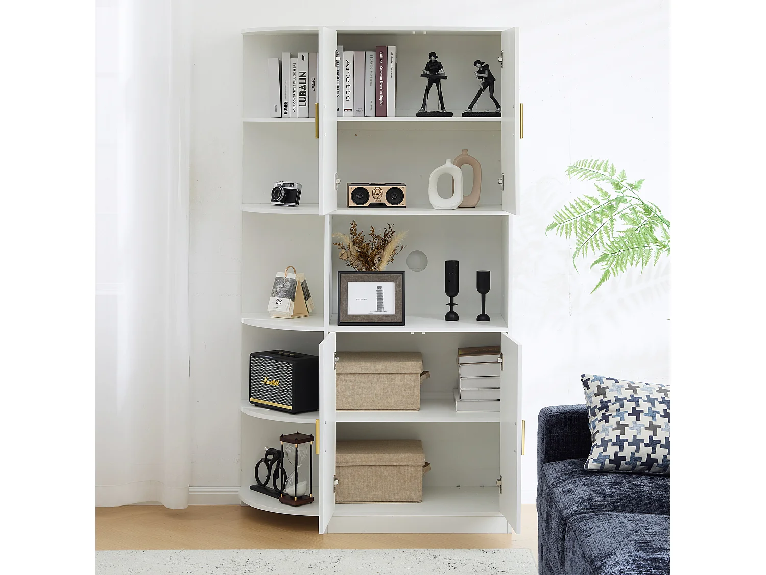 Buffet de cuisine haut 100x40x180cm avec 4 portes, 2 niches et Étagère d'angle, blanc