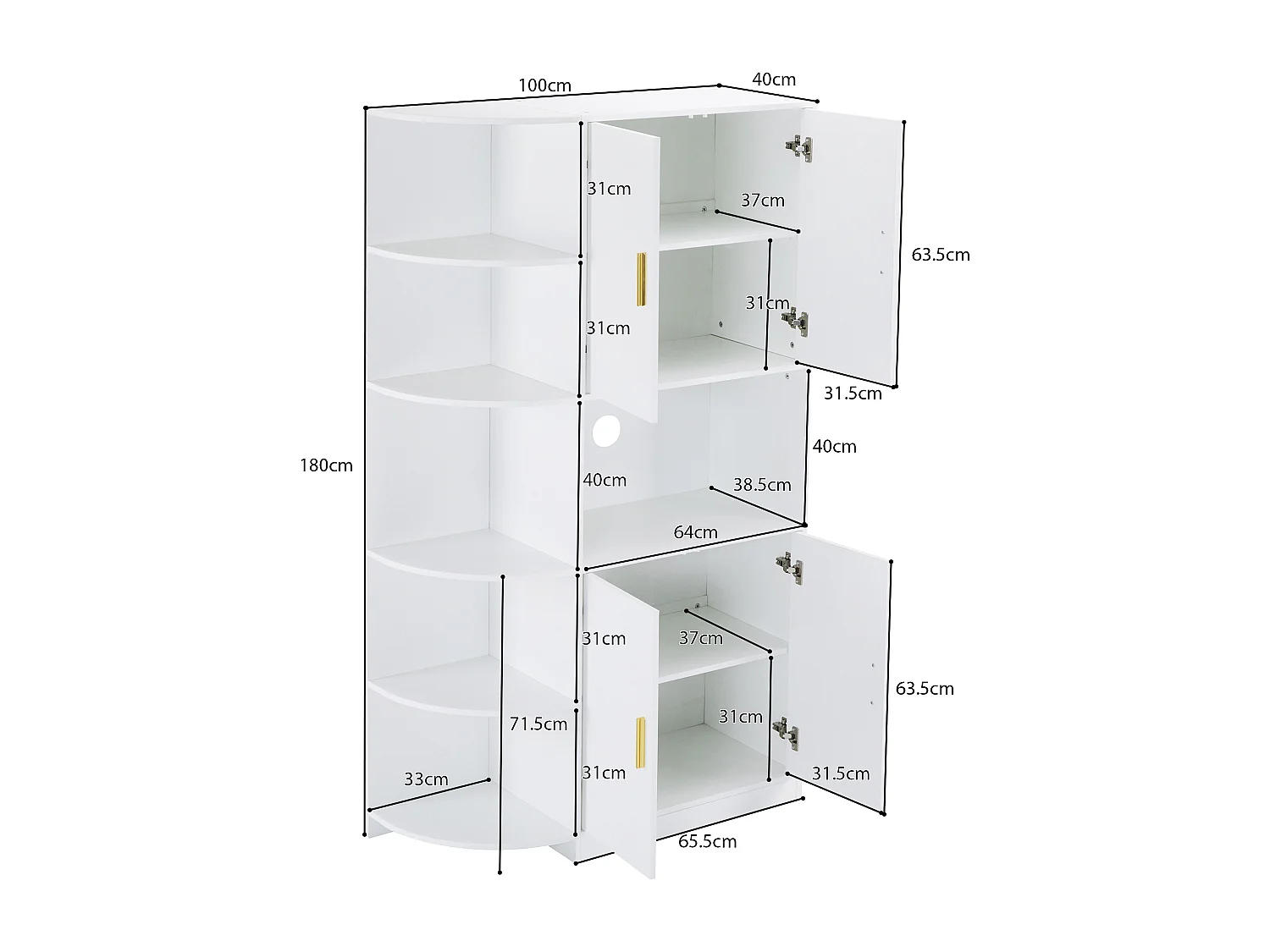 Buffet de cuisine haut 100x40x180cm avec 4 portes, 2 niches et Étagère d'angle, blanc