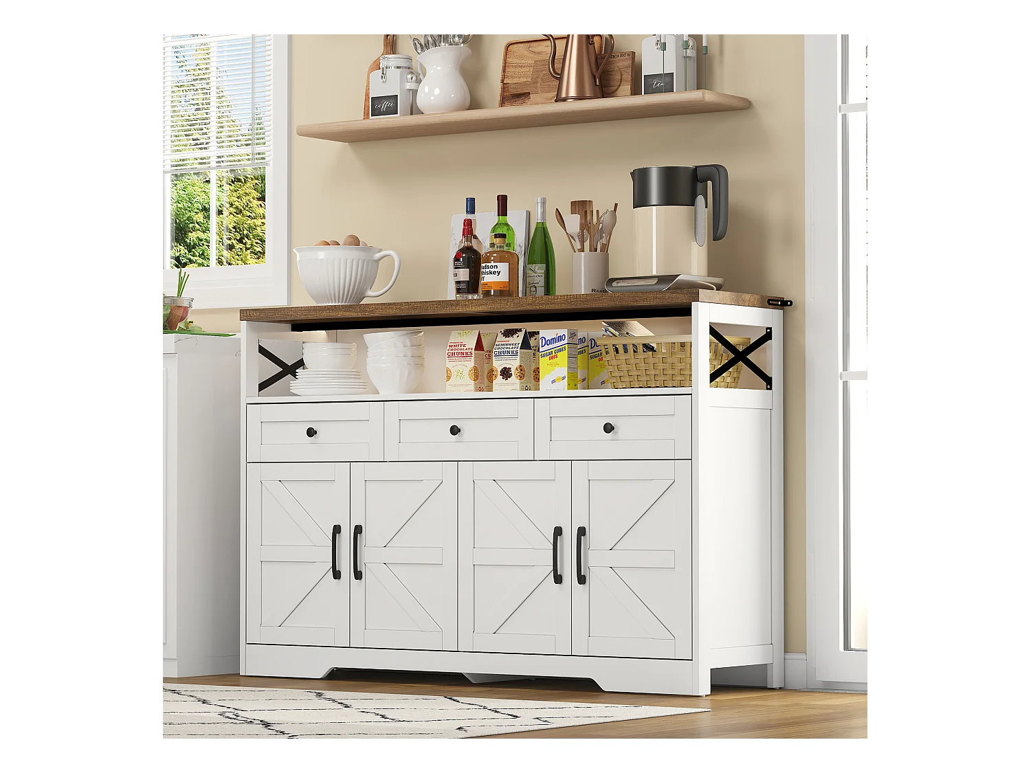 Credenza 140x35x95cm con 3 cassetti, 4 ante e 1 nicchia, piano in legno effetto marrone, corpo bianco