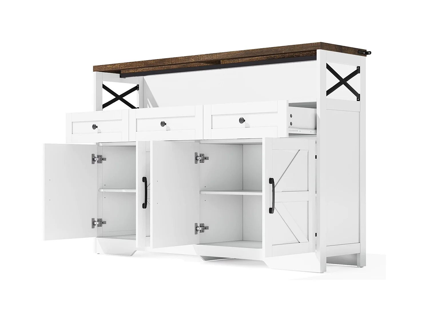 Credenza 140x35x95cm con 3 cassetti, 4 ante e 1 nicchia, piano in legno effetto marrone, corpo bianco