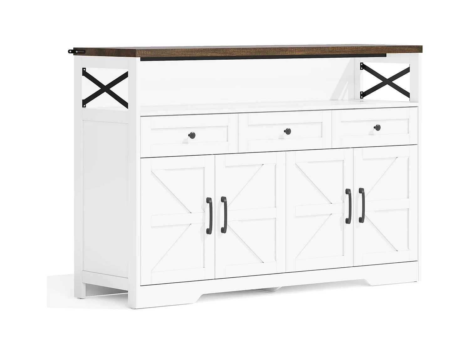 Credenza 140x35x95cm con 3 cassetti, 4 ante e 1 nicchia, piano in legno effetto marrone, corpo bianco