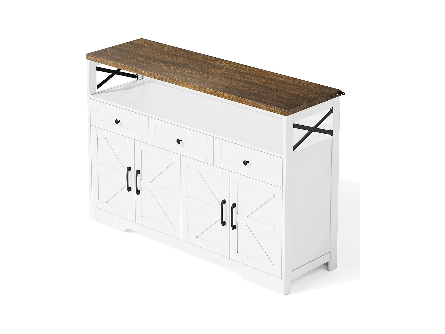 Credenza 140x35x95cm con 3 cassetti, 4 ante e 1 nicchia, piano in legno effetto marrone, corpo bianco