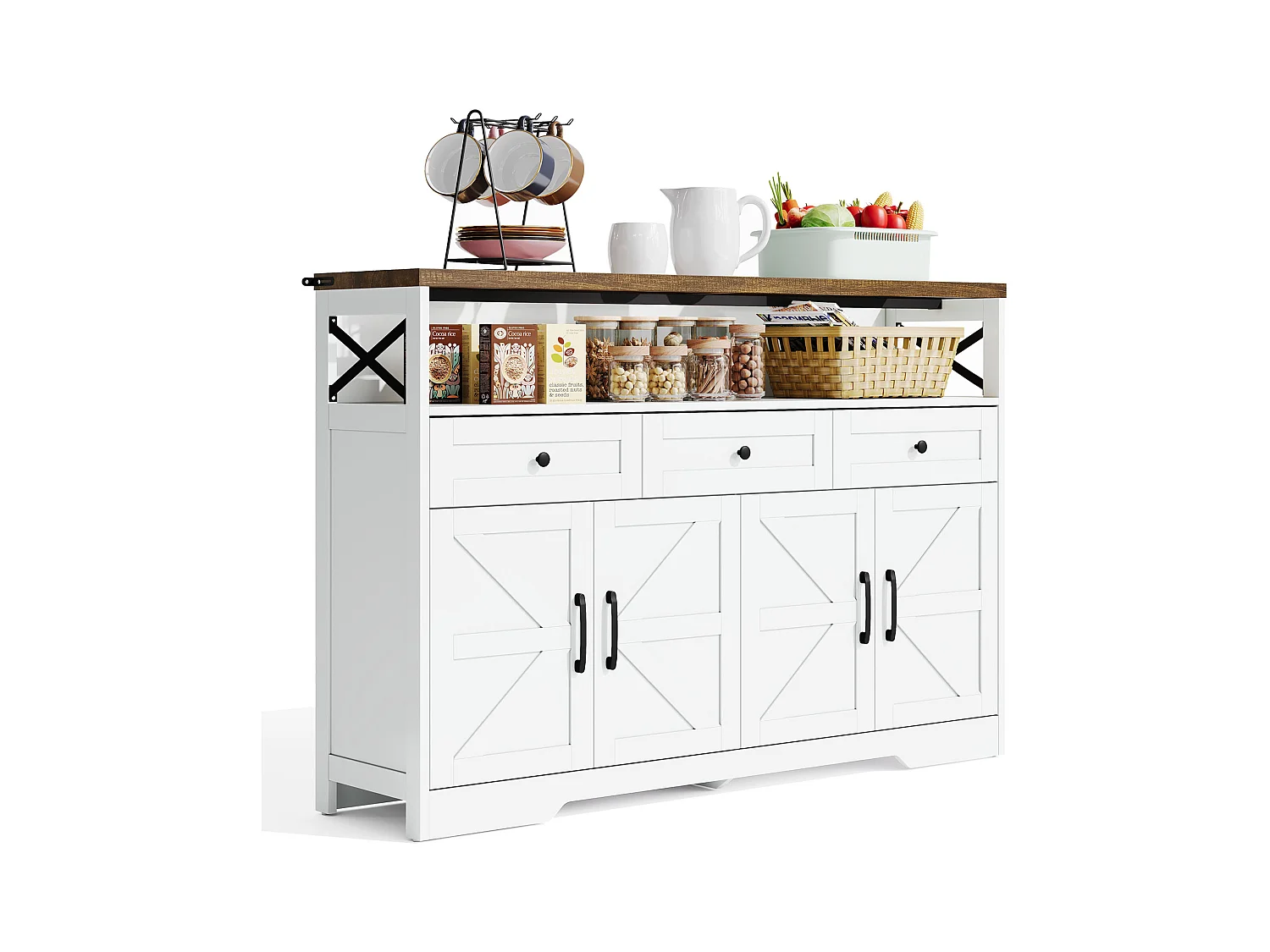 Credenza 140x35x95cm con 3 cassetti, 4 ante e 1 nicchia, piano in legno effetto marrone, corpo bianco