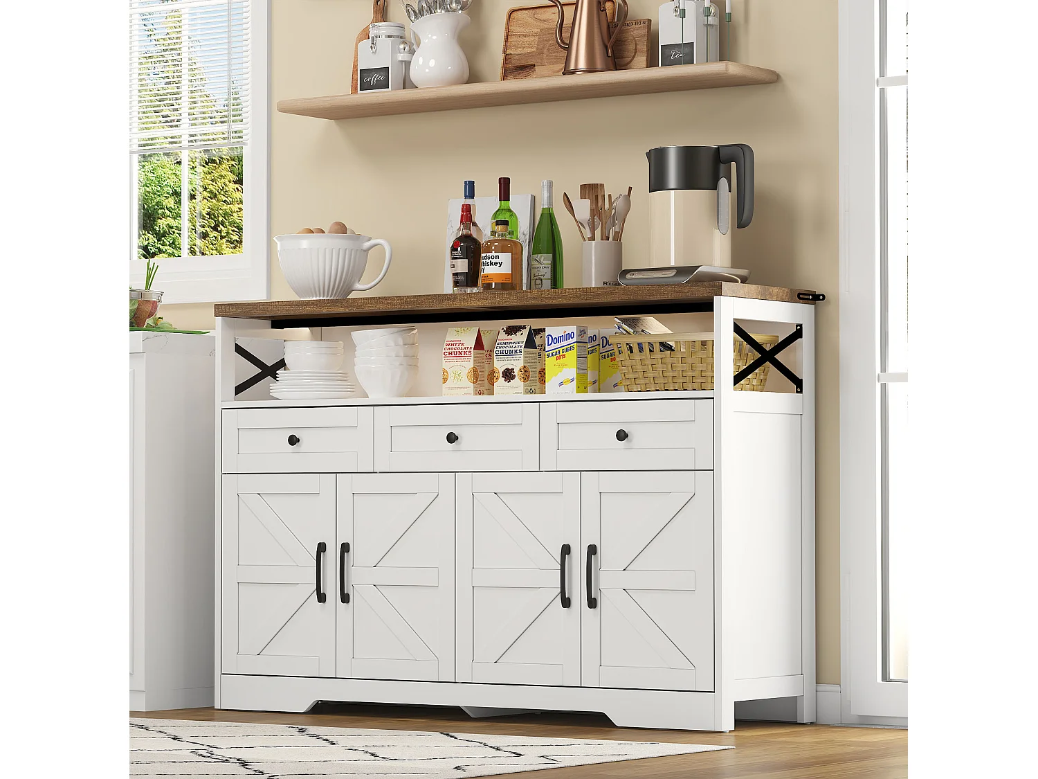 Buffet 140x35x95cm avec 3 tiroirs, 4 portes et 1 niche, plateau en woodgrain marron, corps blanc