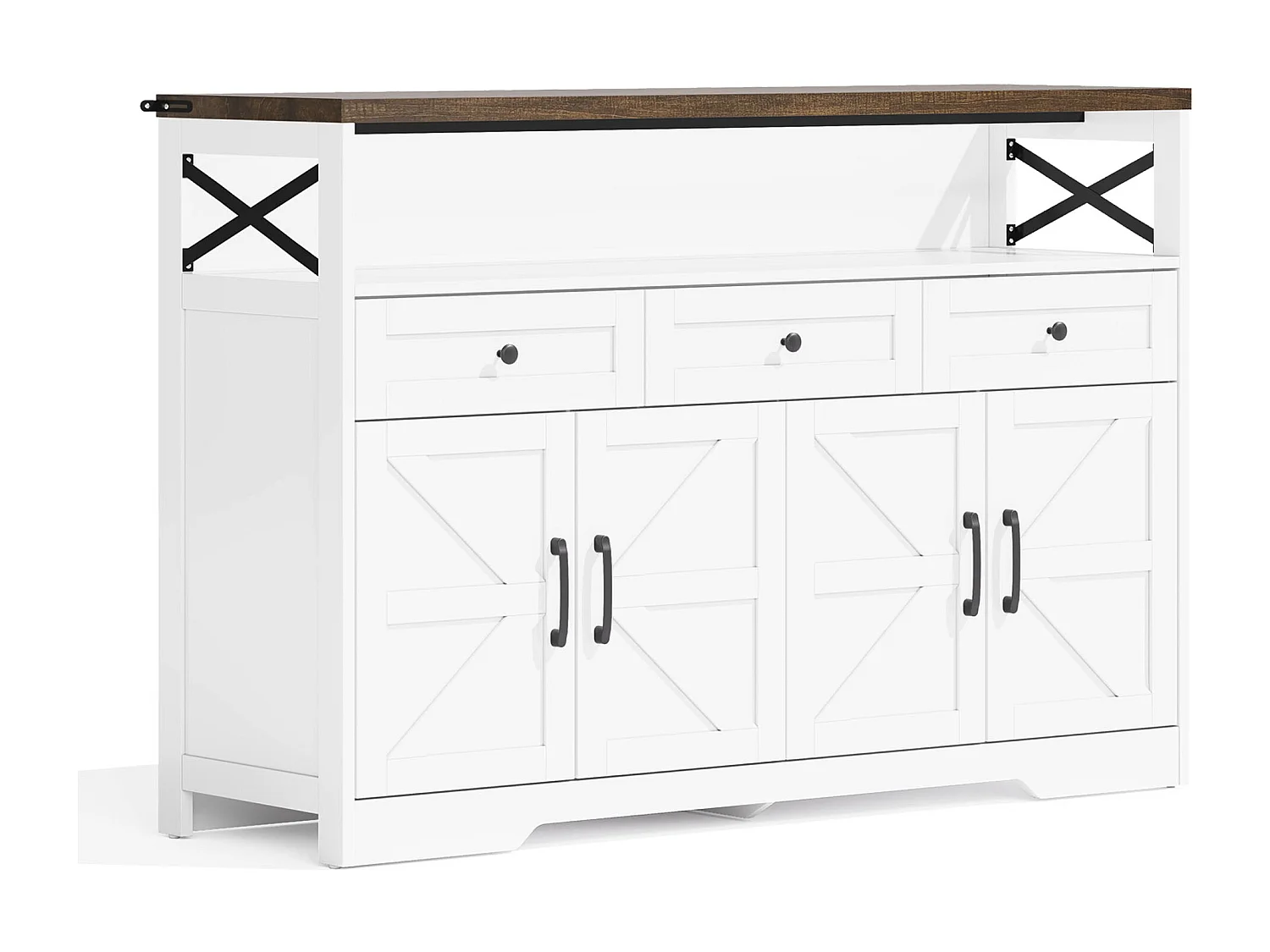 Buffet 140x35x95cm avec 3 tiroirs, 4 portes et 1 niche, plateau en woodgrain marron, corps blanc
