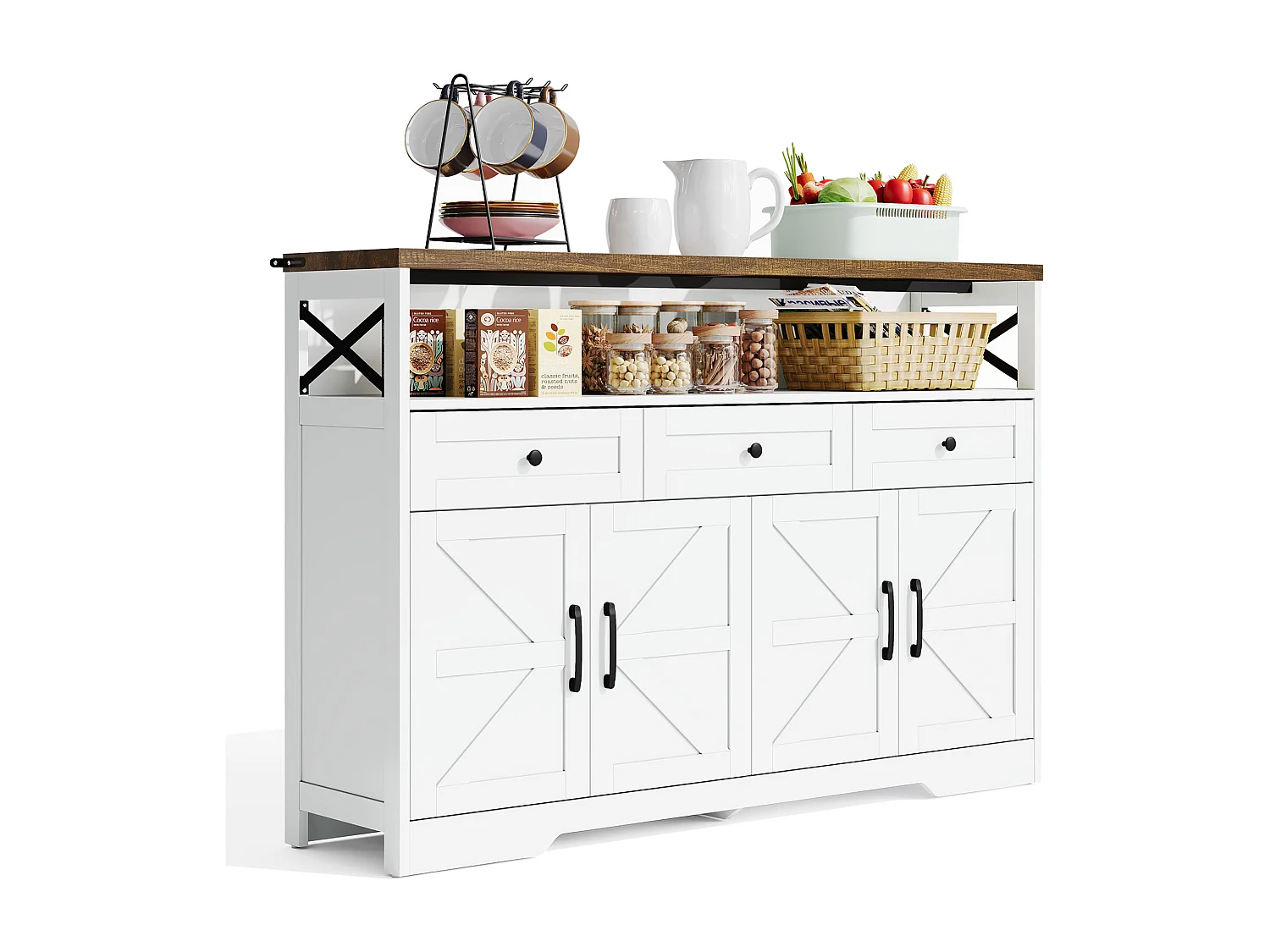 Buffet 140x35x95cm avec 3 tiroirs, 4 portes et 1 niche, plateau en woodgrain marron, corps blanc