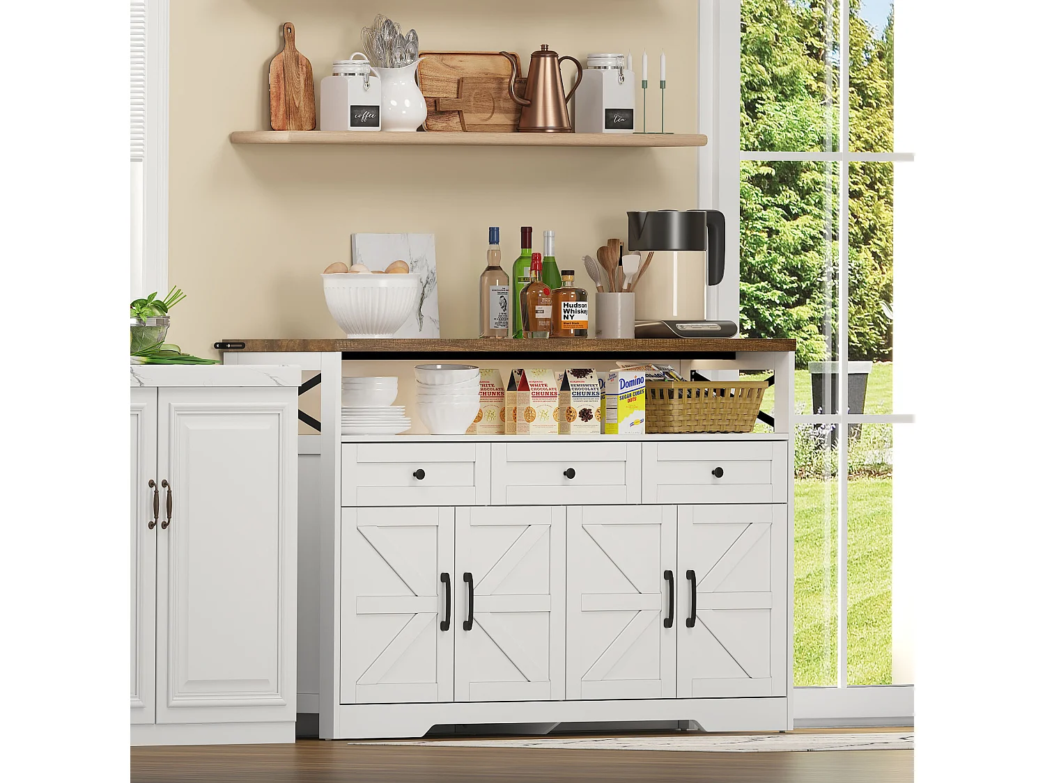 Buffet 140x35x95cm avec 3 tiroirs, 4 portes et 1 niche, plateau en woodgrain marron, corps blanc